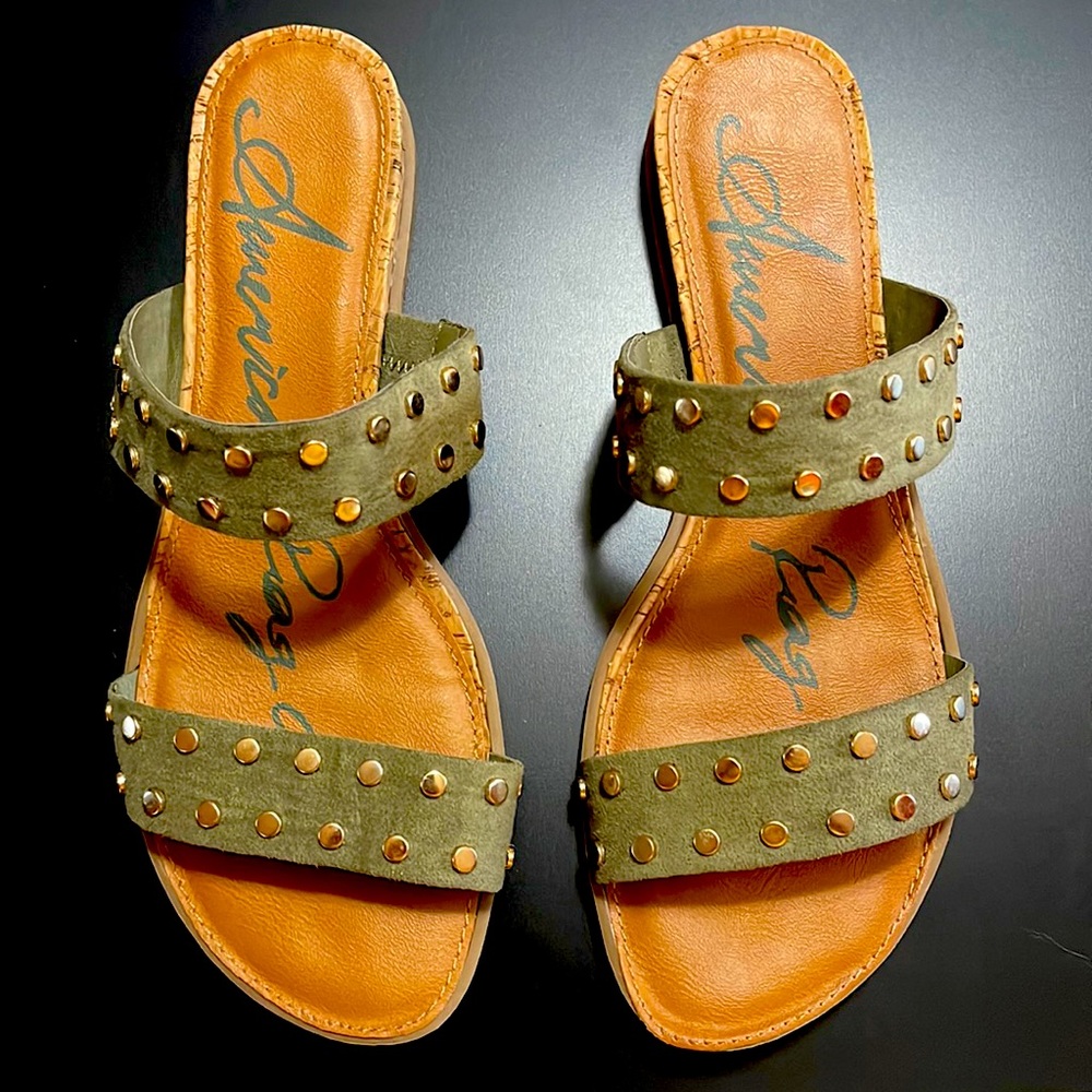 Olive Green Gold Studed Slides Sz 8